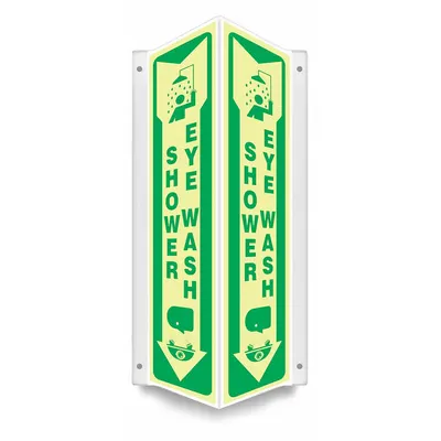 CONDOR Safety Sign: PETG, Mounting Holes Sign Mounting, 18 in x 7 1/2 in Nominal Sign Size - V-Shape Projection Shower Eye Wash Signs