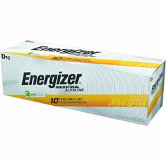 Standard D-cell alkaline battery delivering 1.5V DC. Suitable for powering high-drain devices such as flashlights, radios, and portable instruments in industrial environments. Pack of 12.