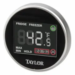 This LCD thermometer monitors temperatures in refrigerators and freezers to help maintain proper cold storage conditions. It features a stainless steel case, plastic lens, and is metal detectable. Accuracy is ±2°F. Overall length is 1 1/4 in.