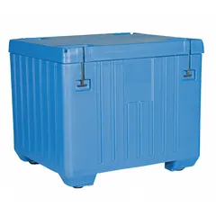 Specimen transport cooler with 850 L capacity, constructed from HDPE. Overall dimensions: 43 in width, 43 in height, 4 ft length. Designed for dry ice specimen transport in laboratory and medical settings.