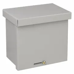 This painted steel enclosure measures 10 in x 10 in x 4 in and features a solid screw-on cover with a padlock hasp for security. It includes knockouts for conduit entry and is rated NEMA 3R, suitable for outdoor or damp indoor locations protecting electrical controls, terminals, and instruments from rain, sleet, and ice.