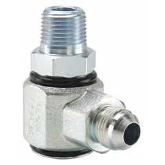 Zinc-plated steel 90-degree swivel fitting with 1 1/16 in male JIC inlet and 3/4 in male NPTF outlet. Features a nitrile seal and is rated for 3,000 psi maximum operating pressure. Used in hydraulic systems to connect hoses or tubes at right angles while allowing rotation to reduce assembly stress.