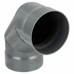 This 90° PVC elbow is designed for 8-inch duct diameter systems, with a 3-piece construction and 11 5/8-inch overall length. It is used to change airflow direction in ventilation, fume extraction, and dust collection ductwork, providing a corrosion-resistant fitting for low-pressure applications.