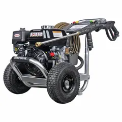 This SIMPSON cold water pressure washer is mounted on a cart for mobility. It delivers 3000 psi at 3 gpm, powered by a 196 cc engine. Suitable for cleaning concrete, equipment, vehicles, and industrial surfaces.