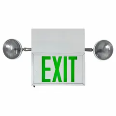 Steel exit sign with two faces, white housing, and green LED text. Operates on 120/277V AC and includes universal field selectable chevrons for directional indication. Remote capable for extended run time. Suitable for emergency egress lighting in commercial and industrial facilities.