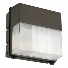 This LED full-size wall pack produces 3,383 lumens at 5000K color temperature with 32 W power consumption. It operates on 120 to 277V AC input and features a Type III distribution pattern for wide forward light coverage. The fixture has an 8-inch overall height and is suitable for outdoor area lighting such as building perimeters, parking lots, and walkways.