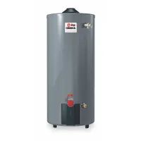 This 70-gallon nominal capacity commercial gas water heater operates on natural gas with a 75,100 BTU input. It features a Low NOx compliant burner, direct spark to pilot ignition, and an automatic thermostat. The unit includes a T&P relief valve and drain valve, with a 4-inch vent connection and side water connections. Suitable for general-purpose hot water supply in commercial facilities