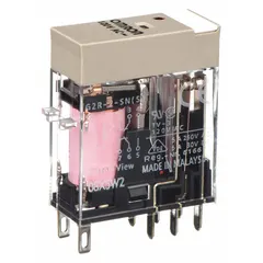 Plug-in relay from the G2RS Series with a square base and flat pin shape. Features DPDT contacts, 5 A current rating at 120V AC, and quick-connect terminals for socket mounting. Suitable for switching loads in control panels and automation systems.