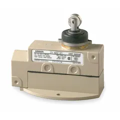 The OMRON ZVN222S is a top-mount roller-plunger limit switch with a metallic, momentary actuator. It features a stainless steel body and screw terminals for wiring. This switch is used for position sensing of moving machinery parts in industrial automation, such as in conveyors, packaging lines, and material handling systems.