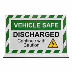 This free-standing plastic sign is designed for floor placement in areas where electric vehicle charging or maintenance occurs. It displays 'Discharged / Continue With Caution' to alert personnel of discharged EV batteries. The sign measures 6-1/2 x 11 inches with a 0.25-inch thickness and is not reflective or glow-in-the-dark.