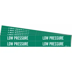 Green adhesive pipe marker with white legend reading 'Low Pressure'. Fits pipe outer diameters from 3/4 to 2-3/8 inches. Pack of 4 markers without arrows. Used to identify low-pressure piping systems in industrial facilities.