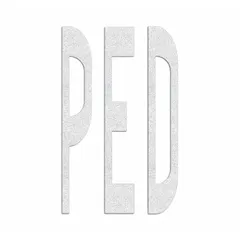 White preformed thermoplastic pavement marking with 'Ped' legend, measuring 8 ft long by 4 1/2 ft wide. Applied using a hand torch for adhesion. Used to designate pedestrian crossing areas on roadways and parking lots.