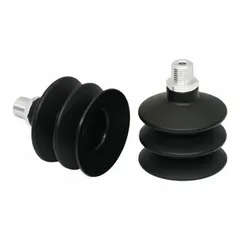 This multi-bellows vacuum pad assembly features a G1/4 in connection, 55 mm pad diameter, and 52.7 mm pad height. Constructed from NBR with a 55 A durometer in black, it is suited for handling delicate components in automated pick-and-place systems.