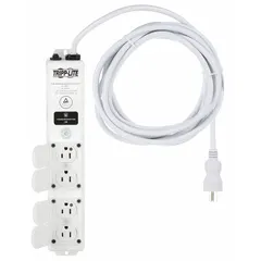 Healthcare surge protector with 4 outlets, 15 ft cord, 1,410 J surge energy rating, and 15 A current capacity. Keyhole mounting allows secure attachment to walls or equipment. UL 60601-1 listed for use in medical environments to protect sensitive equipment from power surges.