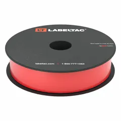 Continuous label roll for thermal transfer printing, compatible with LabelTac Pro X printers. Made of red gloss vinyl, rated for indoor and outdoor use. Suitable for facility marking, hazard warnings, and pipe labeling in industrial environments.