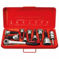 This tee extractor set includes four sizes (1/2, 5/8, 7/8, and 1-1/8 in) for forming tee outlets in copper or soft-metal pipes. Suitable for pipe diameters from 15 to 28 mm, it is used in plumbing and HVAC installations where branch connections are required without soldering.