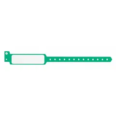 Plastic security wristband in green, supplied in packs of 500. Overall length 11 1/2 inches, width 1 3/8 inches. Used for identification and access control in facilities and events.