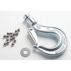 This top hook assembly is a replacement component for AH series air chain hoists. It includes a safety latch for secure load attachment in overhead lifting applications.