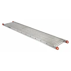 Silver aluminum deck and frame platform from the Series P line. Designed for elevated work access in construction, maintenance, and industrial settings. Includes an optional modular handrail system for fall protection.