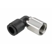 This nylon and nickel-plated brass elbow fitting connects 3/16 in OD tubing to a 1/8 in FNPT port. The push-to-connect design allows tool-free assembly for pneumatic or fluid systems. Suitable for use in industrial automation and packaging equipment