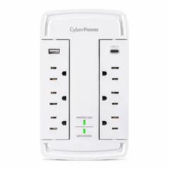 General purpose surge protector with 6 outlets rated 15 A. Features a white housing, 5-15P plug, 5-15R receptacles, and a power indicator. Suitable for protecting sensitive electronics in offices, data centers, and industrial control panels.