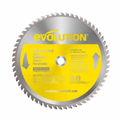 EVOLUTION Circular Saw Blade: 14 in Blade Dia., 90 Teeth, 0.09 in Cut Wd, 1 in Arbor Size - Stainless Steel-Cutting Blades