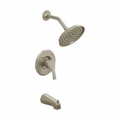 This bathtub spout and fixed showerhead faucet combination from the T58913 series features a single-function fixed showerhead with a single spray pattern. It has a flow rate of 1.75 gpm and is finished in nickel. Suitable for residential or light-commercial bathroom installations.