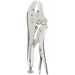 These curved-jaw locking pliers feature a quick-release mechanism for one-handed operation. The curved jaw design provides secure gripping on round or irregular surfaces. With a 5-inch overall length, 3/4-inch jaw length, and 1 1/8-inch maximum jaw opening, they are suited for clamping, gripping, and holding workpieces in metalworking, fabrication, and maintenance tasks.