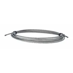 This steel cable with a silver finish is a replacement or spare part for Dayton platform lift truck parts. It is designed for use in material handling equipment to facilitate lifting and positioning tasks in industrial and warehouse settings.