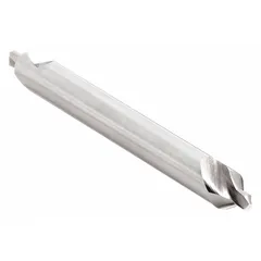 This KEO center drill is a plain-tip, double-end tool made from high-speed steel. It features a #4 size with a 60° included angle and an 8-inch overall length. Used to create conical starting holes for lathe work or to support workpieces between centers, it helps ensure accurate alignment and reduces drill bit wander in precision machining applications.