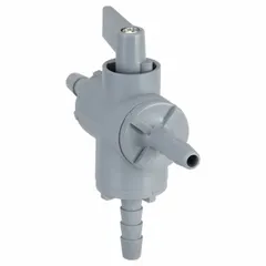 This three-way ball valve features a one-piece PVC body with L flow configuration and barb x barb x barb connections for use with flexible tubing. The lever handle enables quick manual control of flow direction or shutoff. NSF 51 compliant for food-contact applications.