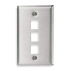 This 1-gang, 3-port keystone wall plate is made of stainless steel with a silver finish. It features a flat module style and vertical outlet orientation, compatible with keystone jack modules. Suitable for mounting and organizing modular connectors in structured cabling systems.
