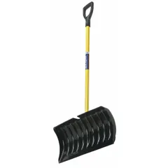 This snow pusher has a 12-inch blade length and 24 3/8-inch blade width with a 0.15-inch gauge. The 40-inch handle features a D Grip for control. Used for clearing snow from walkways, driveways, and light commercial surfaces.