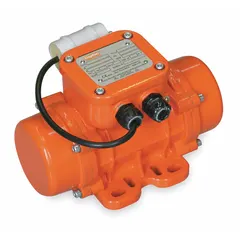 This electric vibrator operates on 115V AC, drawing 1.03 A, with a speed of 3,600 vibrations per minute. It features a totally enclosed nonventilated enclosure. Typical applications include promoting material flow in hoppers, chutes, and screens to prevent clogging in bulk material handling.