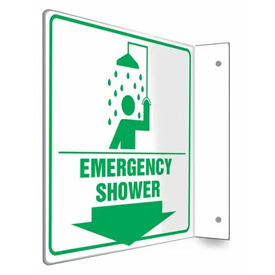 CONDOR Safety Sign: PETG, Mounting Holes Sign Mounting, 8 in x 8 in Nominal Sign Size - L-Shape Projection Emergency Shower Signs