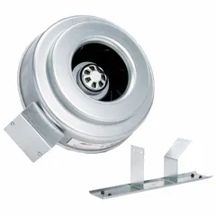 This inline duct fan is designed for general ventilation and air movement in ducted systems. It features a single-speed, high-efficiency motor that is speed controllable, and includes a mounting bracket. Constructed from galvanized steel with an IP44 rating, it operates on 120V AC, 1 phase, and 93 W.