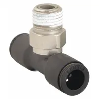 This LEGRIS tube fitting is a tee configuration with Tube x Tube x MNPT connections, made of nylon and nickel-plated brass. It accommodates 1/2 in OD tubing on two sides and a 1/4 in pipe size on the male NPT end. Suitable for branching or joining tubing in pneumatic or fluid systems, the push-fit design allows tool-free installation. Sold in a pack of 10