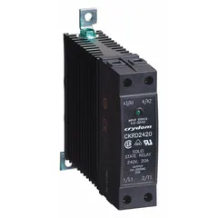 DIN-rail mounted solid state relay with SCR AC output, rated 48 to 530V AC and 20 A maximum output current without heat sink. Features DC input (8 to 12 mA), Form A (SPST-NO) switching, screw clamp terminals, and finger-safe construction. Suitable for switching AC loads in industrial control panels and automation equipment.