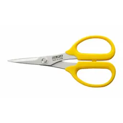Straight stainless steel pointed scissors with yellow plastic handles. Overall length 5 1/4 in. Ambidextrous design suitable for cutting cotton and other light fabrics.