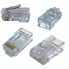 Clear pass-through RJ45 modular plug for terminating solid, round Category 6 cable. The pass-through design allows wire ends to exit the front for verification before crimping. Suitable for structured cabling in data networks and telecom applications. Pack of 100.