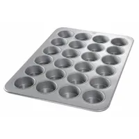 This 24-slot muffin pan is constructed from 26 ga aluminized steel with a silver finish. Suitable for baking muffins, cupcakes, or egg bites in commercial kitchens. Overall width is 17 7/8 inches. Not NSF certified
