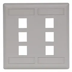 This 1-gang, 6-port keystone wall plate is constructed of plastic in an Office White finish. It features a flat module style with vertical outlet orientation and is designed for use with keystone jack modules in structured cabling installations.