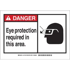 This danger sign communicates the requirement for eye protection in designated areas. It features adhesive mounting for application on clean, dry surfaces. The sign is made of polyester, measures 3 1/2 by 5 inches, and is not retroreflective.