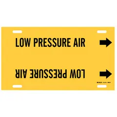 Strap-on pipe marker for identifying low pressure air lines. Yellow background with black legend and directional arrows. Fits pipe outer diameters from 10 to 15 inches. Suitable for use in industrial piping systems to indicate pipe contents and flow direction.