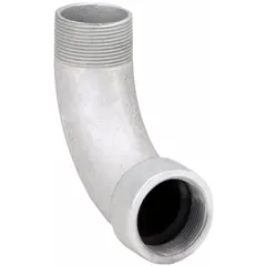 This 90° elbow is made of electroplated iron with 3/4 in FNPT and 3/4 in MNPT ends. It is used to change the direction of conduit or pipe runs in electrical and industrial piping systems, providing a secure threaded connection.
