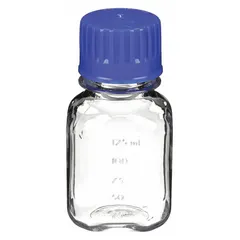 Polycarbonate media bottle with 125 mL (4.22 fl oz) capacity. Colorless body with graduated markings for volume measurement. Includes screw-on closure for secure sealing. Used for storing and dispensing liquid media, buffers, and reagents in laboratory settings.