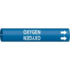 Blue snap-on pipe marker with white legend reading 'Oxygen' and directional arrows. Fits pipe outer diameters from 1-1/2 to 2-3/8 inches. Used to identify oxygen lines in industrial piping systems for safety and compliance.