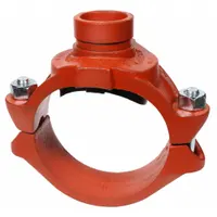 This outlet pipe clamp is a ductile iron fitting with an EPDM seal, sized 2-1/2 in x 2-1/2 in x 1-1/4 in. It is rated for a maximum operating pressure of 300 psi at 150°F. Used in grooved-end piping systems to create a branch connection from a main line to a smaller outlet