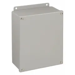 WIEGMANN steel dust-tight enclosure rated NEMA 12/13, measuring 12 in x 10 in x 5 in. Features a solid cover secured with screws. No knockouts included. Suitable for housing electrical controls, terminals, and instruments in environments where protection from dust, dirt, and non-corrosive liquids is required.
