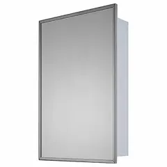 This mirrored medicine cabinet features a glass mirror and a bright annealed stainless steel frame in a silver finish. With an overall height of 36 inches and width of 24 inches, it is suited for bathroom or medical facility storage, providing space for toiletries or supplies. The stainless steel frame resists corrosion in humid environments.